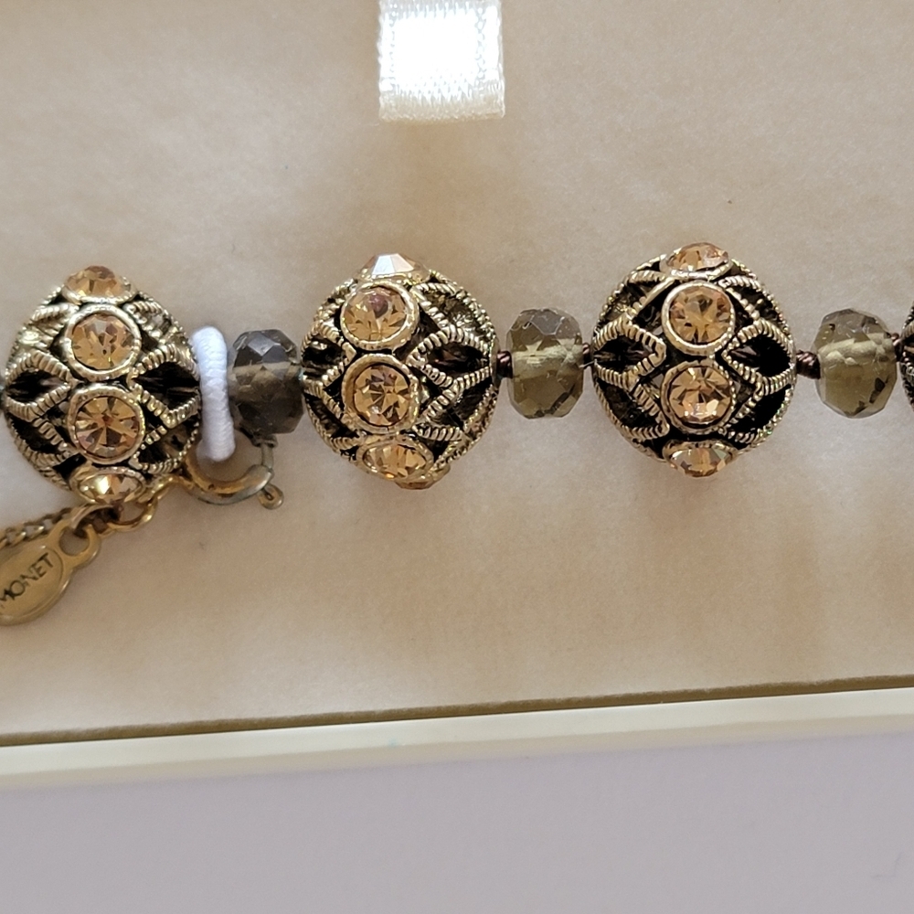 Monet Bracelet Vintage Y2K Neutral Tone Round Crystal Charm Signed New In Box - Picture 6 of 15